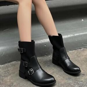 New Black Leather Moto Boots Buckle Ankle Office Siren Indie Sleaze Opium